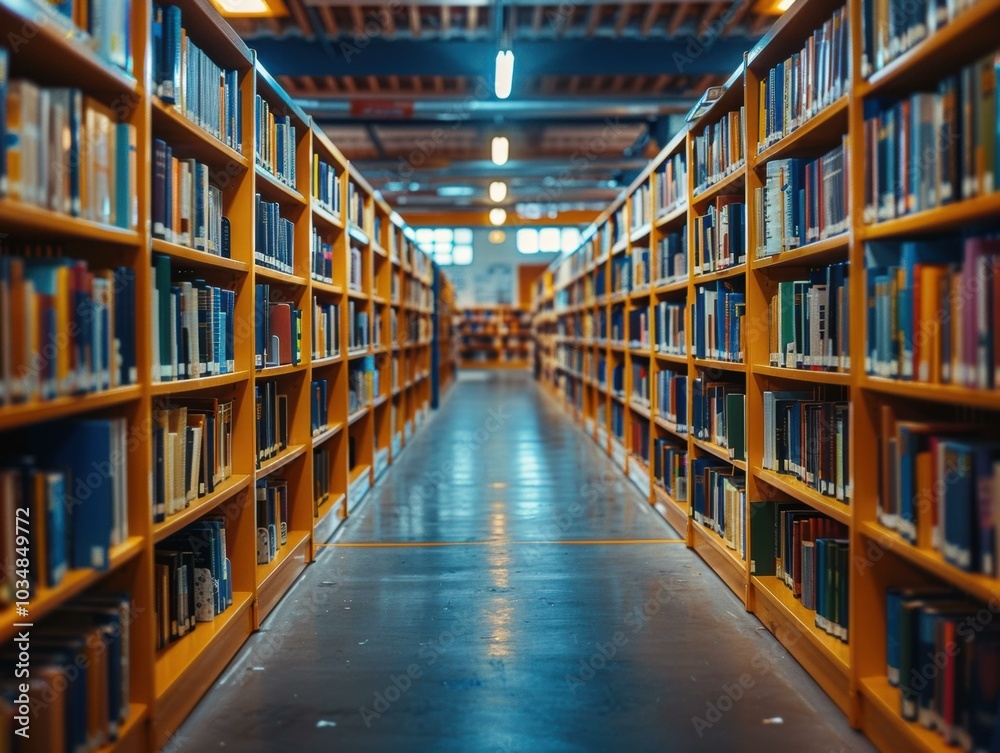 Fototapeta premium Bookshelves lined with books in a library. AI.
