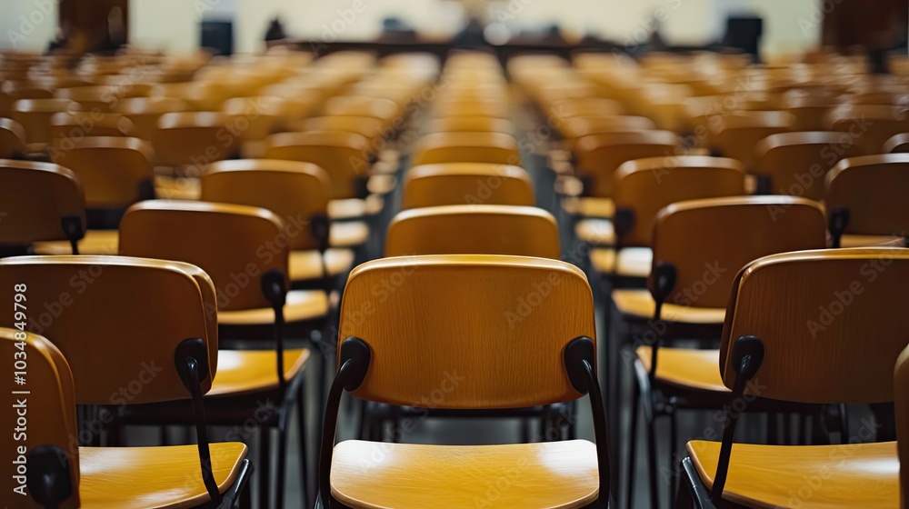 Naklejka premium Rows of Empty Wooden Chairs in a Lecture Hall