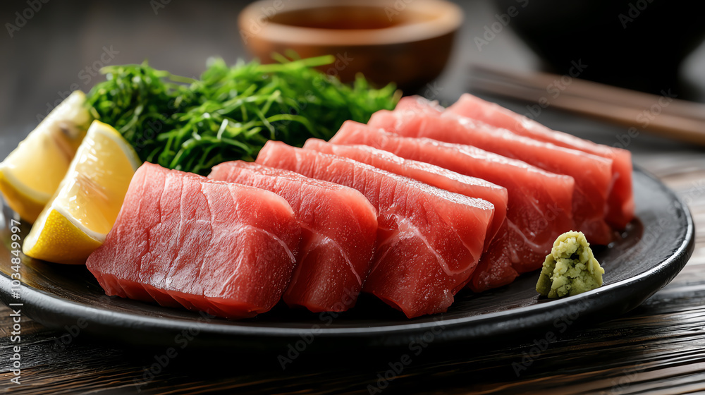 Sliced tuna with lemon and wasabi, wooden table Sliced tuna with lemon and wasabi, wooden table