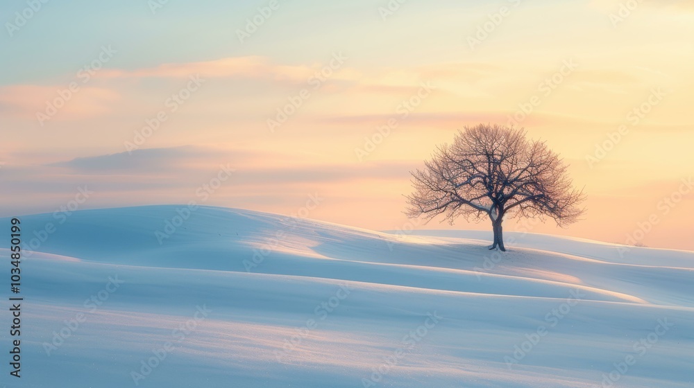 A lone tree stands in a snowy field, with a soft glow in the sky. AI. A lone tree stands in a snowy field, with a soft glow in the sky. AI.