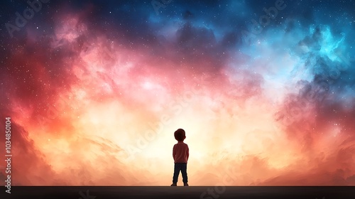 A child's journey into the cosmos exploring the boundless wonders of space and imagination in a vibrant cosmic landscape