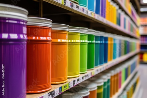 Neatly stacked row of paint cans in a hardware store, with vibrant labels and colors, representing home improvement and DIY projects, perfect for retail and shopping themes photo