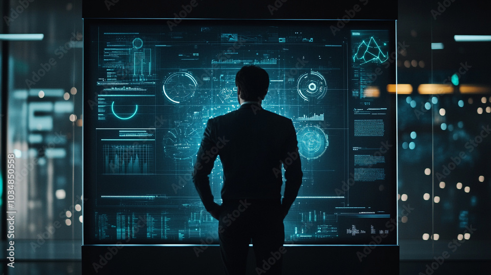 Business professional analyzing data on a futuristic display in a modern office at night Business professional analyzing data on a futuristic display in a modern office at night