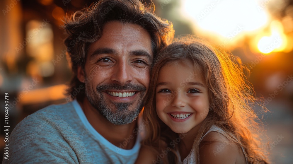 A father and daughter smile brightly while sitting close together outdoors, basking in the warm glow of the sunset, enjoying their special moment. A father and daughter smile brightly while sitting close together outdoors, basking in the warm glow of the sunset, enjoying their special moment.