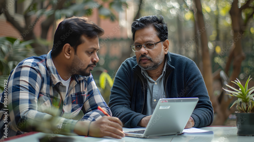 Two indian colleagues using laptop and tablet while working together in office
