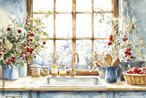 A cozy kitchen scene featuring a sunny window, flowers, and fruit, creating a warm and inviting atmosphere.