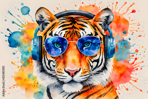 Watercolor painting of tiger with headphones and sunglasses on the abstract background.