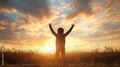 A child embraces the sunset celebrating nature's beauty and the joy of childhood wonder in a majestic landscape