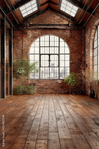 Large windows and exposed brick create a spacious and airy loft space. AI.