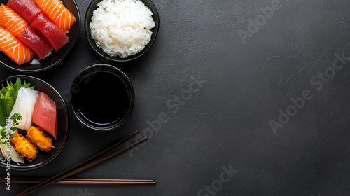 Sushi assortment with rice and soy sauce photo