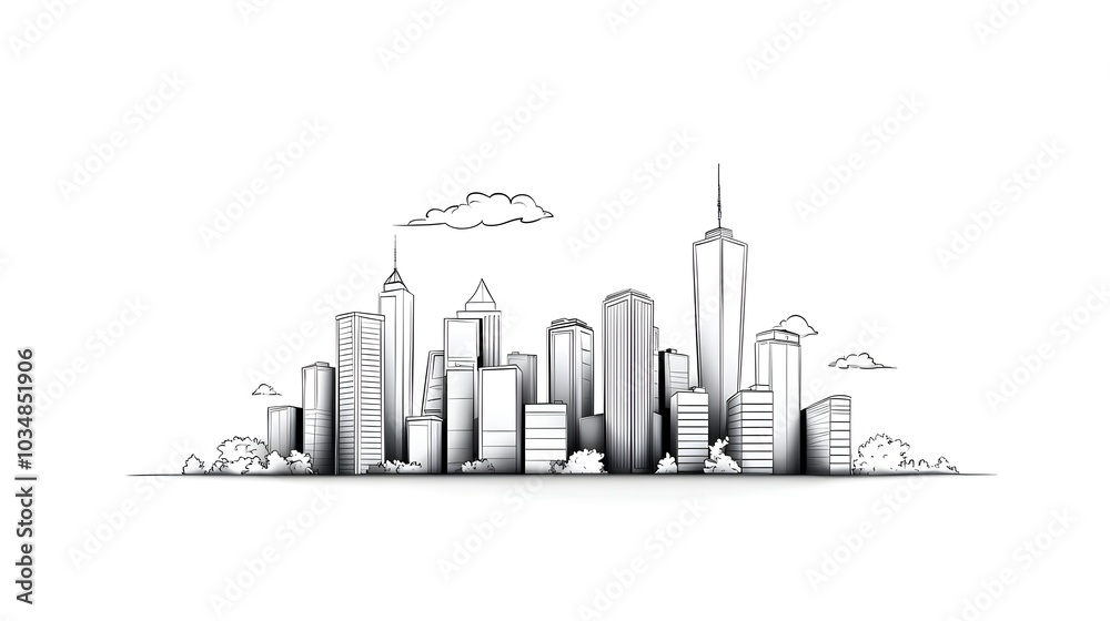 Fototapeta premium Minimalist Line Drawing Cityscape with Towering Skyscrapers