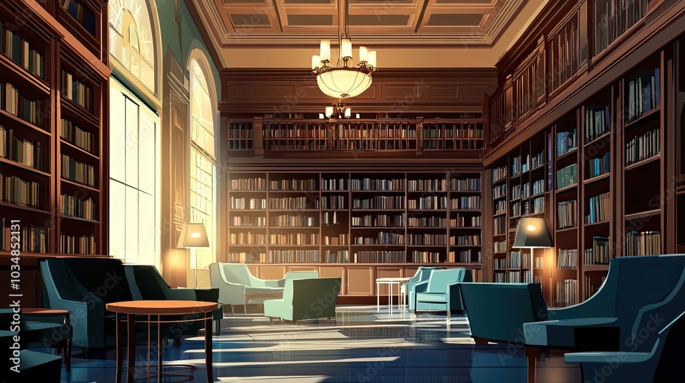 Sunlit Library Interior with Rows of Bookshelves and Comfortable Seating Sunlit Library Interior with Rows of Bookshelves and Comfortable Seating