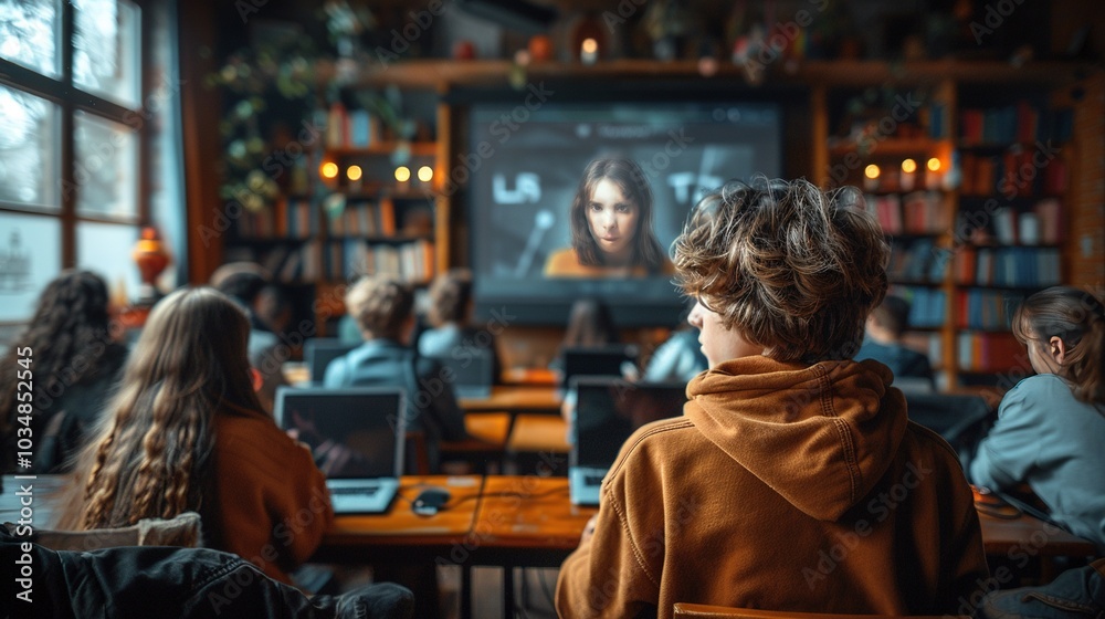 Students engaged in a digital learning session, watching a presentation on a projector. Students engaged in a digital learning session, watching a presentation on a projector.