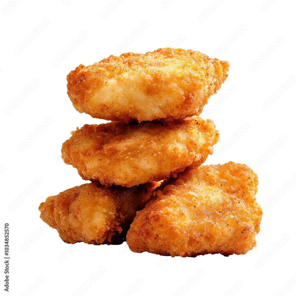 Chicken nuggets isolated on a white background, showcasing their crispy golden texture. cutout png Chicken nuggets isolated on a white background, showcasing their crispy golden texture. cutout png