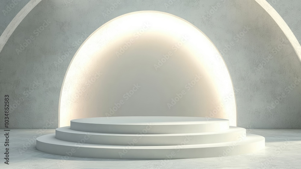 White Three-Tiered Platform in a Minimalist Concrete Room White Three-Tiered Platform in a Minimalist Concrete Room