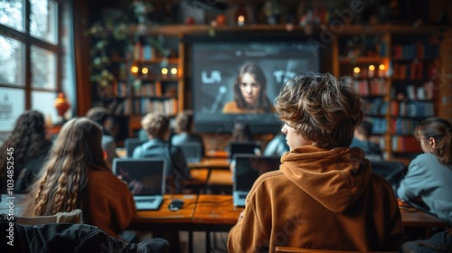 Students engaged in a digital learning session, watching a presentation on a projector.