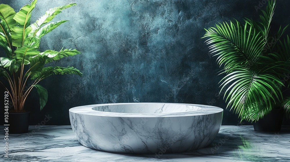 Marble Pedestal with Tropical Plants Against a Teal Wall Marble Pedestal with Tropical Plants Against a Teal Wall