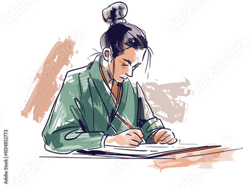 white background, Man practicing calligraphy or handwriting, very simple and isolate in the style of animated illustrations, white background