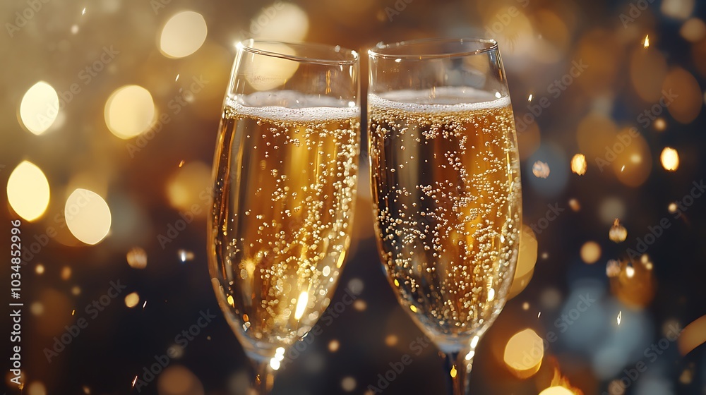 Two champagne glasses toasting, champagne bubbles and splashes captured in vibrant detail, glowing highlights reflecting off the glass, soft bokeh background with twinkling lights, Two champagne glasses toasting, champagne bubbles and splashes captured in vibrant detail, glowing highlights reflecting off the glass, soft bokeh background with twinkling lights,