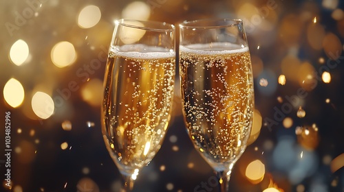 Two champagne glasses toasting, champagne bubbles and splashes captured in vibrant detail, glowing highlights reflecting off the glass, soft bokeh background with twinkling lights,