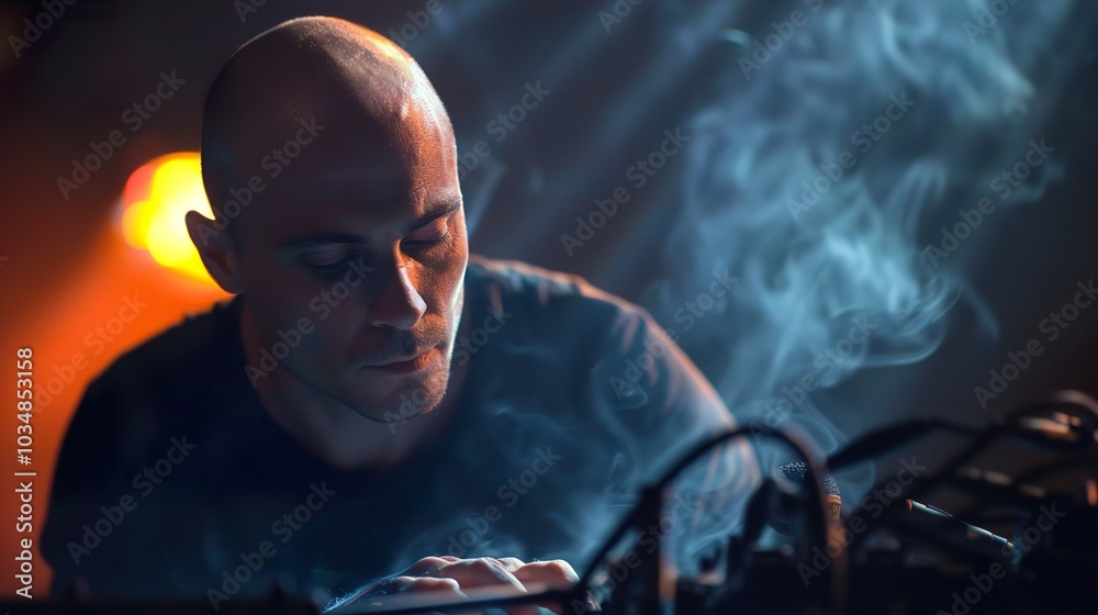 Man Focused on Music Production in Dramatic Smoke Man Focused on Music Production in Dramatic Smoke