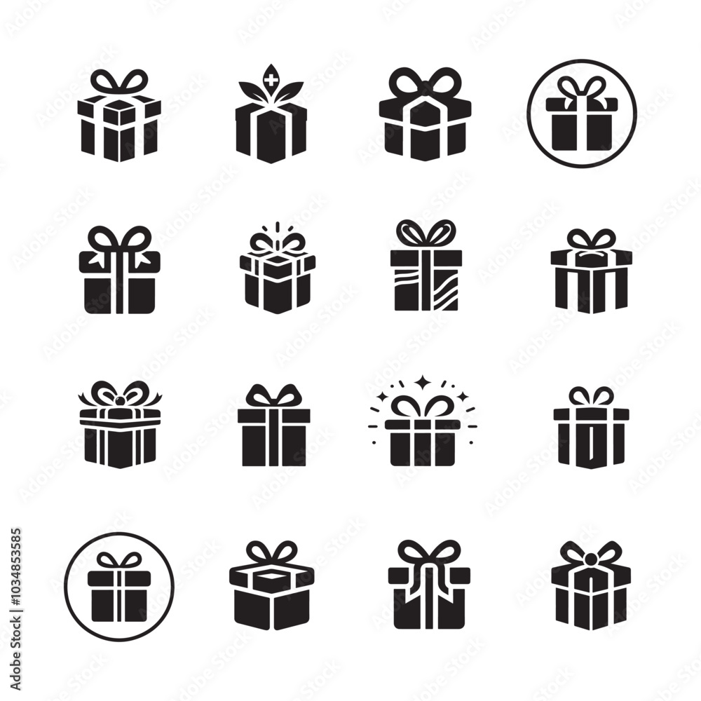 Gift silhouette vector icons set, collection or bundle, beautiful black gift package vector icon, logo style, vector style gift package collection on white background Gift silhouette vector icons set, collection or bundle, beautiful black gift package vector icon, logo style, vector style gift package collection on white background