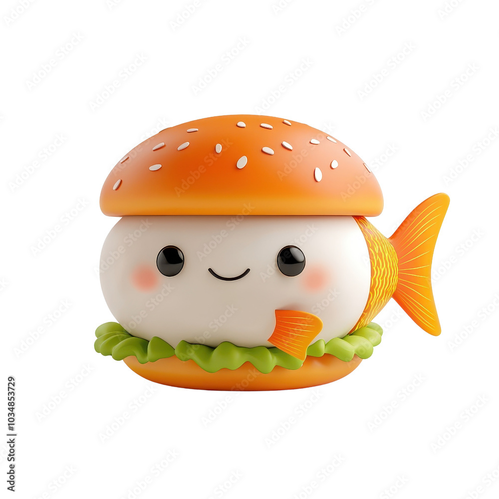 3D cartoon character-style fish burger, isolated on a white background, colorful and playful design. cutout png 3D cartoon character-style fish burger, isolated on a white background, colorful and playful design. cutout png