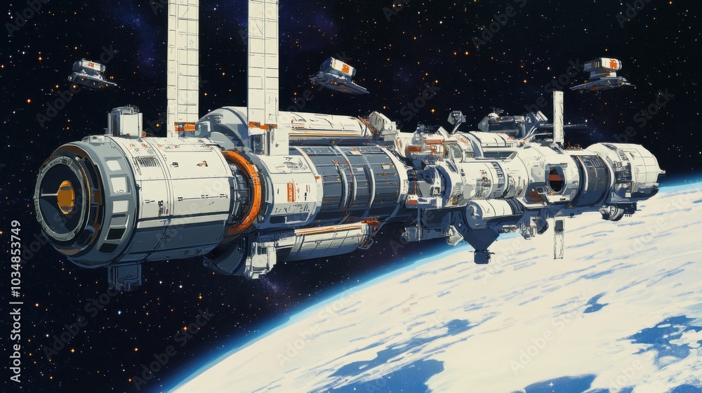 Detailed Illustration of a Busy Space Station Detailed Illustration of a Busy Space Station