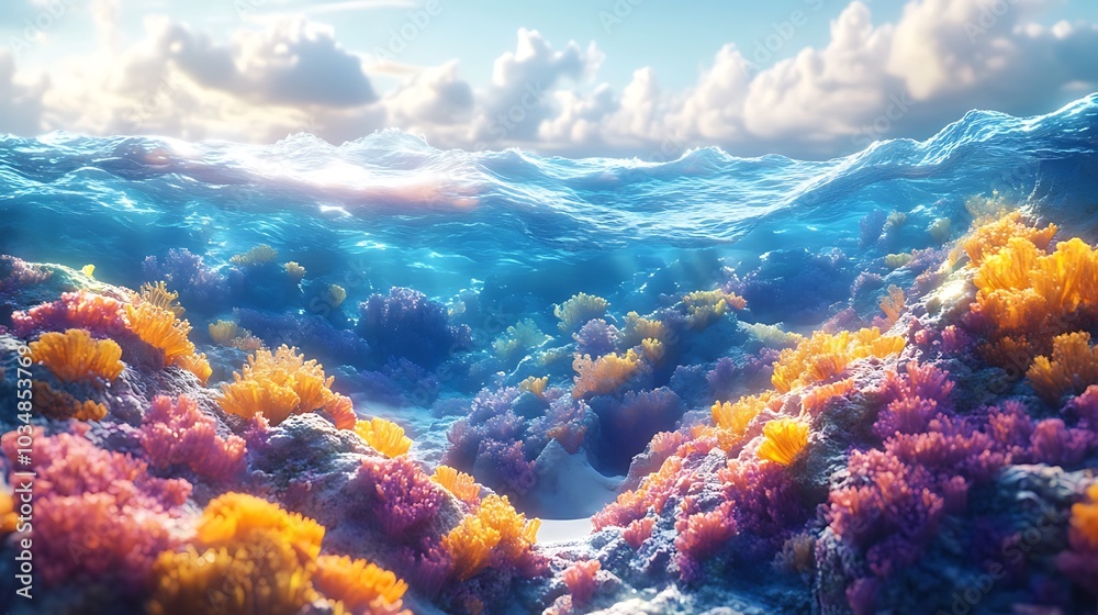 Vibrant coral reef scene with a clear blue ocean and sunlight shining through the surface. Vibrant coral reef scene with a clear blue ocean and sunlight shining through the surface.