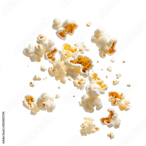 Flying popcorn, isolated on a white background, creating a playful and dynamic scene. cutout png