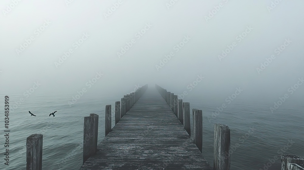Fototapeta premium Wooden Pier Extending into Foggy Water