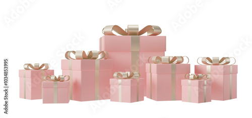 3D rendering pile of several pastel pink gift boxes with gold ribbon, isolated on transparent background. PNG file.	