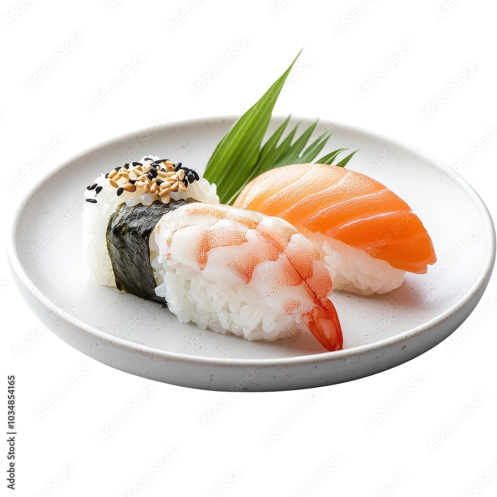 Nigiri sushi on a plate, isolated on a white background, showcasing its fresh ingredients and presentation. cutout png Nigiri sushi on a plate, isolated on a white background, showcasing its fresh ingredients and presentation. cutout png