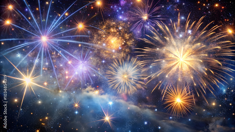 Star-Filled Galaxy with Fireworks and Glittering Stardust. Perfect for: New Year's Eve, Fireworks Festivals, Astronomical Events Star-Filled Galaxy with Fireworks and Glittering Stardust. Perfect for: New Year's Eve, Fireworks Festivals, Astronomical Events
