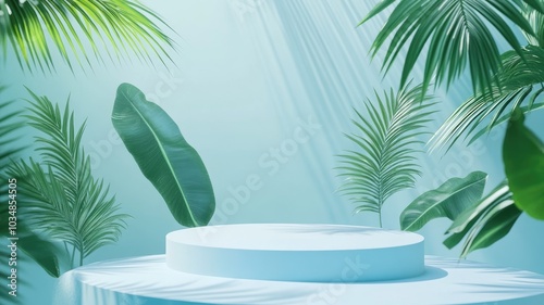 Tropical Green Leaves and a Blue Cylindrical Display Platform