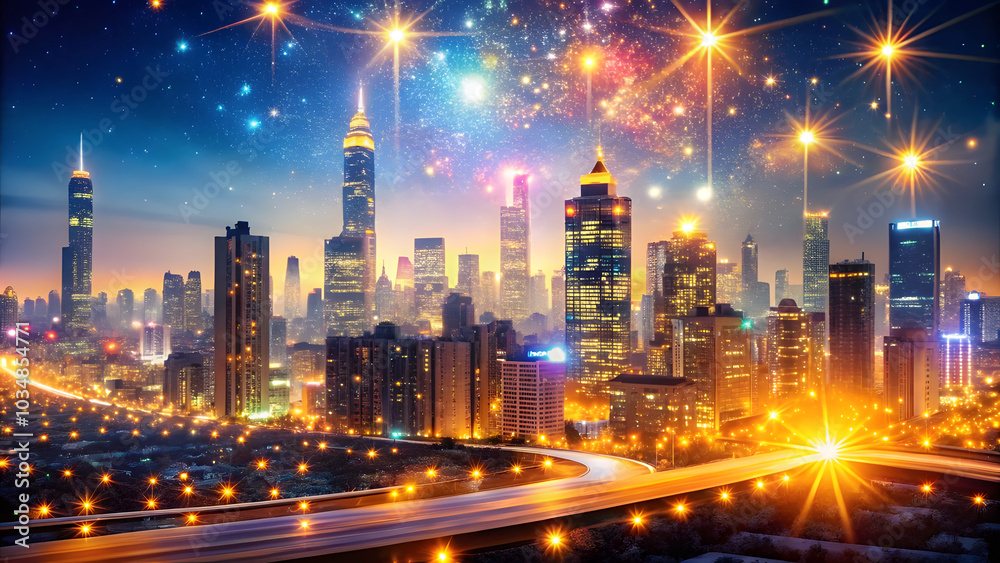 Fototapeta premium Vibrant City Skyline with Glittering Lights at Night. Perfect for: New Year's Eve, City Festivals, Urban Events