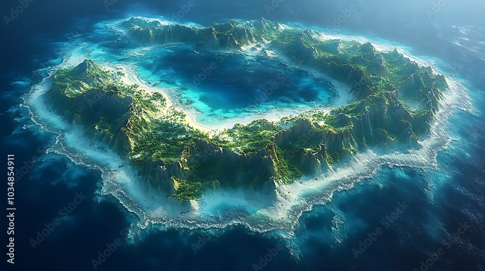 A stunning aerial view of a tropical island with lush vegetation, white sand beaches, and turquoise water. A stunning aerial view of a tropical island with lush vegetation, white sand beaches, and turquoise water.