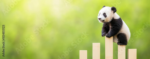 Adorable panda climbing a bamboothemed savings graph, with bamboo stalks symbolizing increased savings, 3D illustration photo