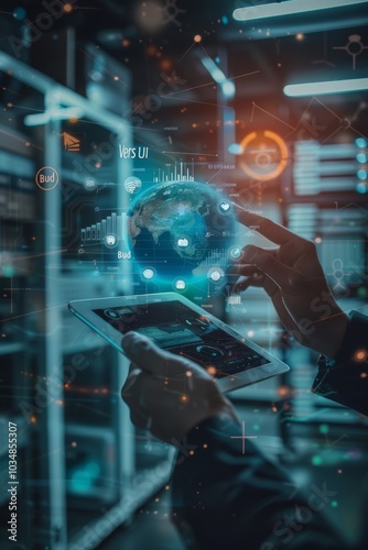 A person interacts with a digital globe on a tablet amidst futuristic server racks in a tech environment