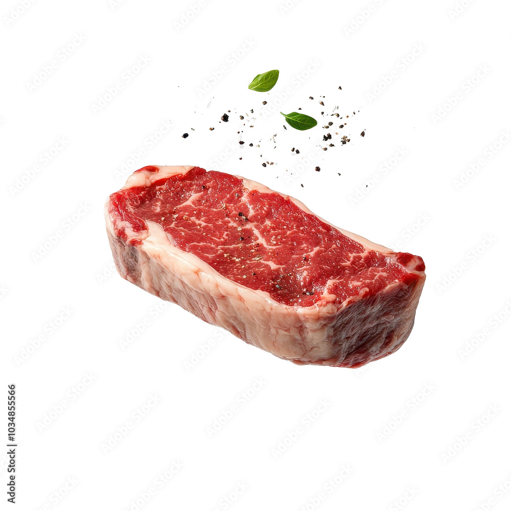 Fototapeta premium Flying Wagyu steak, isolated on a white background, adding a fun and dynamic element to the image. cutout png