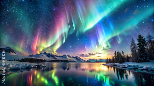 Aurora Lights and Stars with Dreamy Glitter in Sky. Perfect for: New Year's Eve, Northern Lights Viewing, Stargazing Events