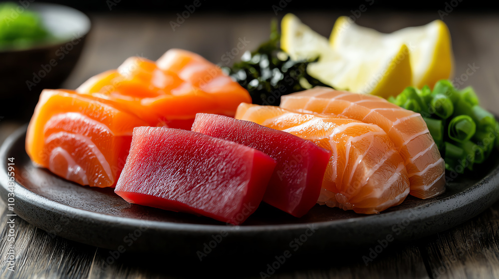 Sushi platter with assorted fish and garnishes Sushi platter with assorted fish and garnishes