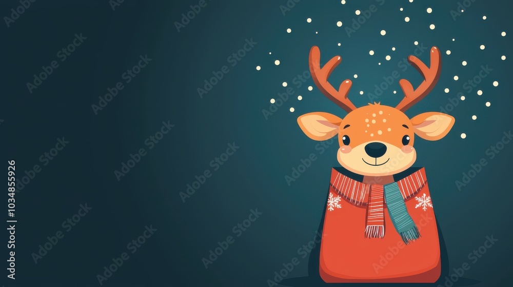 Christmas gift bag with a stuffed reindeer in a flat design, side view, holiday cheer theme, cartoon drawing, Split-complementary color scheme Christmas gift bag with a stuffed reindeer in a flat design, side view, holiday cheer theme, cartoon drawing, Split-complementary color scheme