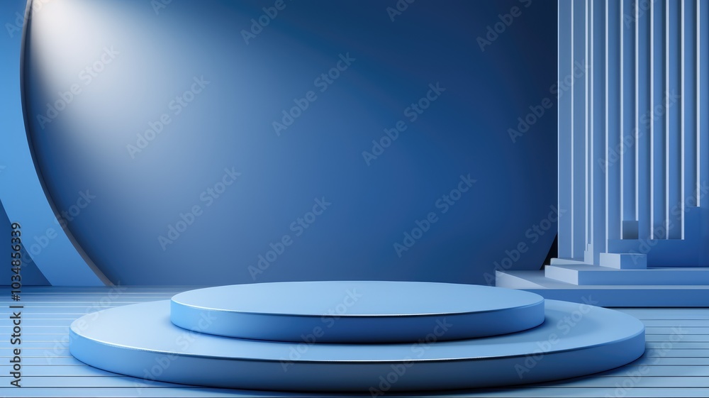 Two-Tiered Circular Pedestal in a Blue Abstract Setting Two-Tiered Circular Pedestal in a Blue Abstract Setting