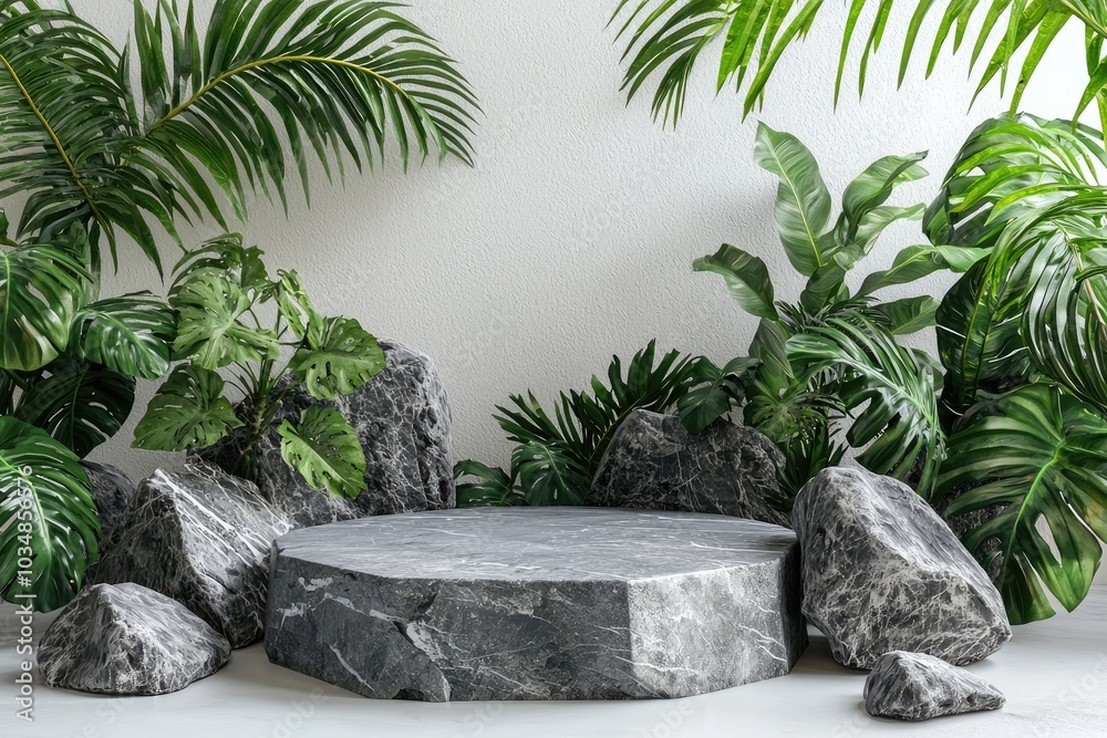 Stone Platform with Lush Tropical Foliage Against a White Wall Stone Platform with Lush Tropical Foliage Against a White Wall