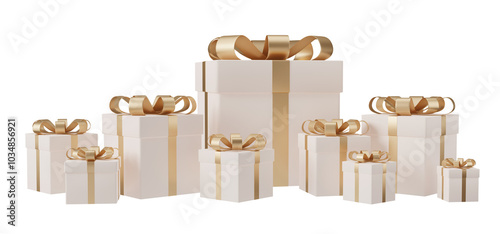 3D rendering pile of white gift boxes with gold ribbon isolated on transparent background, PNG file.	