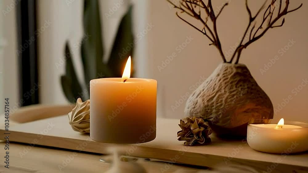 A close up of  a lit candle  and  a vase  with  a plant  and a cone.