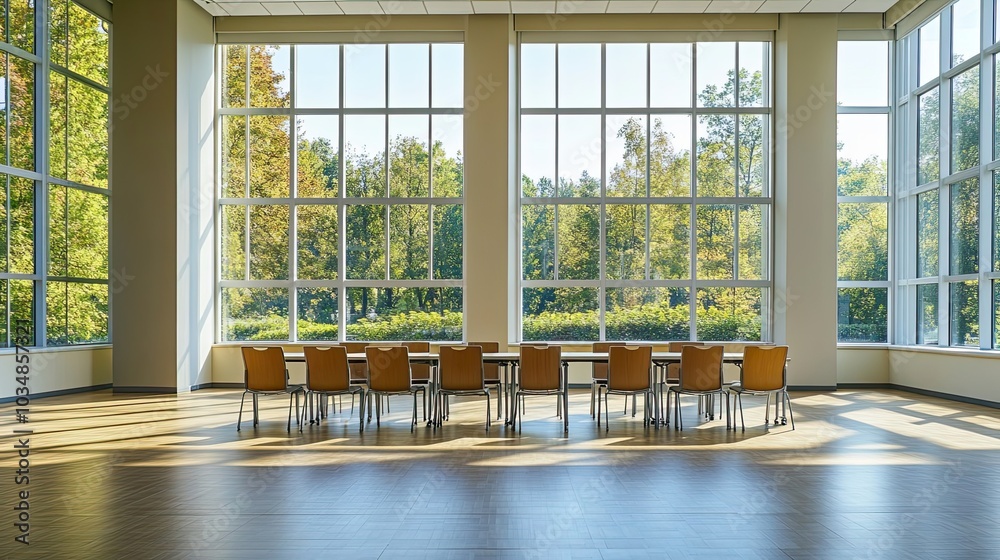 Fototapeta premium Empty Meeting Room with Large Windows and Wooden Floor
