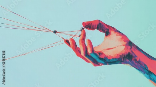 A hand holding a string connecting to people, symbolizing manipulation and control over society in contemporary art style photo