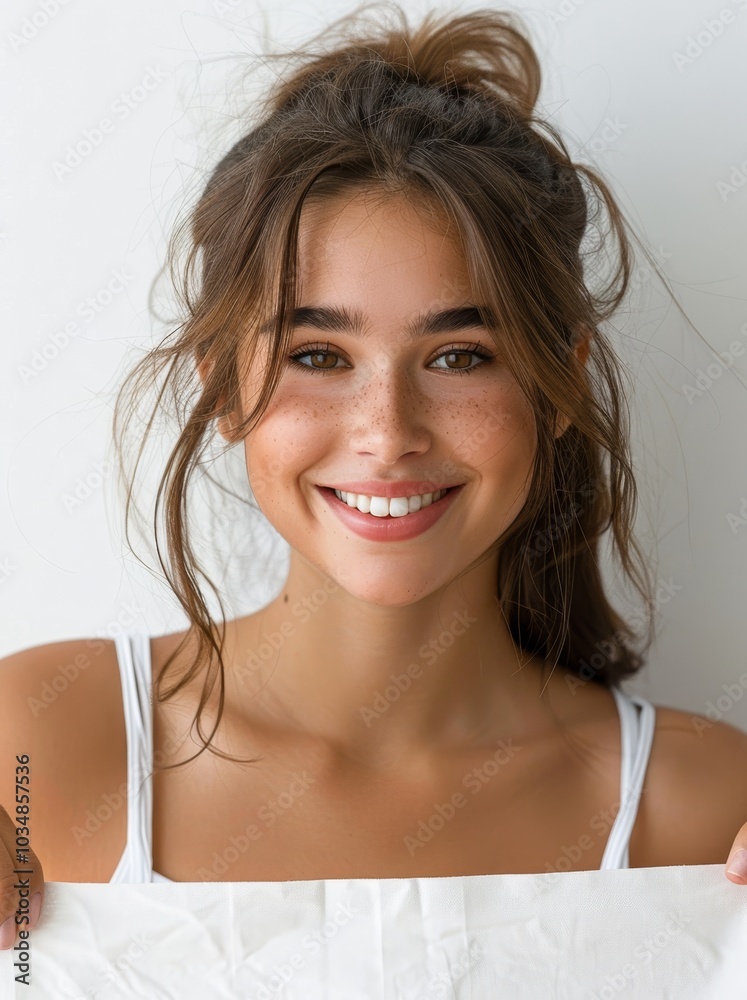 Young woman smiling brightly while holding a sheet, captured indoors with natural lighting in a relaxed atmosphere Young woman smiling brightly while holding a sheet, captured indoors with natural lighting in a relaxed atmosphere